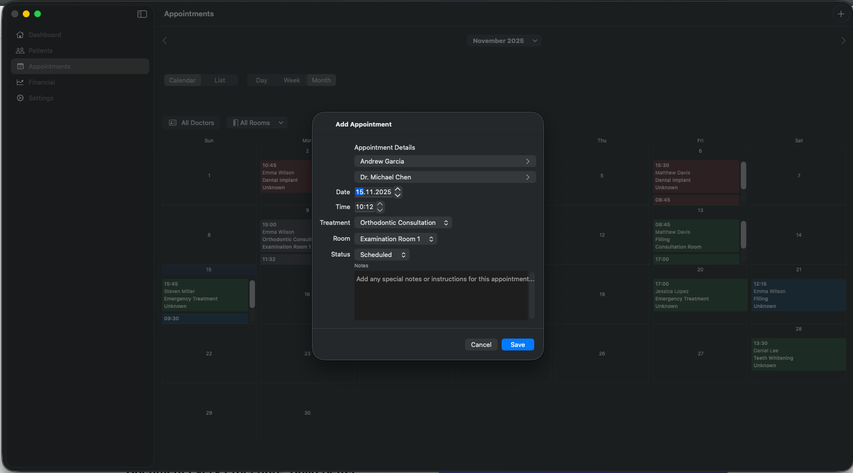 Appointment scheduling calendar view in Dentail with color-coded appointments